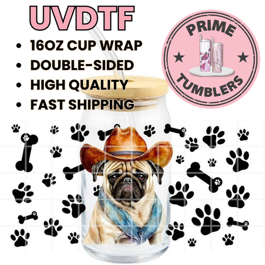 Western Pug 16oz UVDTF cup wrap, ready to apply STICKERS