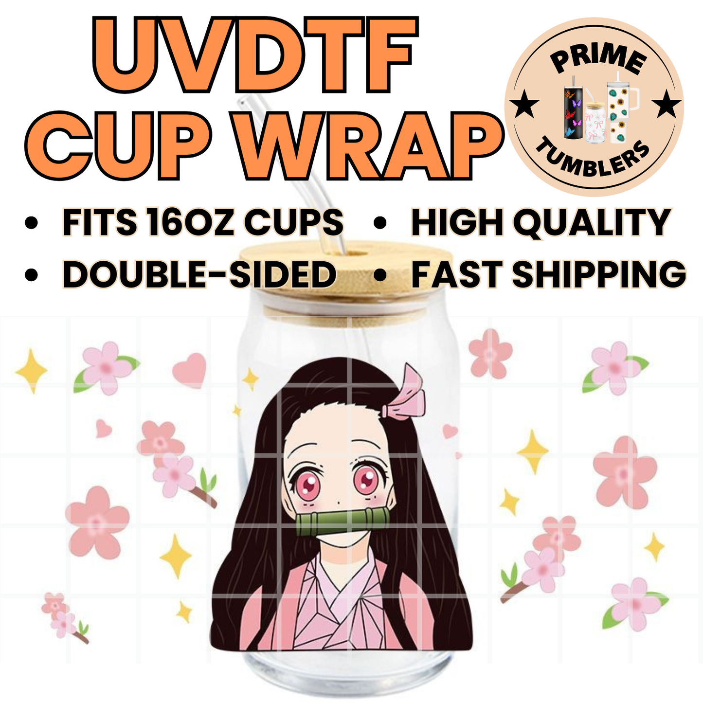 Demon Slayer: Kimetsu no Yaiba. Ready-to-press UVDTF Transfers, Cup wrap decals, Tumbler prints, 16oz Libbey Glass UV STICKERS bamboo muzzle Nezuko Kamado demon by Muzan Kibutsuji, Japan Anime Manga