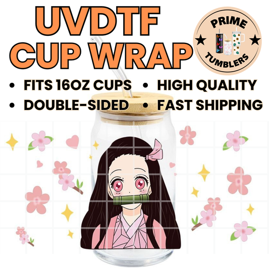 Demon Slayer: Kimetsu no Yaiba. Ready-to-press UVDTF Transfers, Cup wrap decals, Tumbler prints, 16oz Libbey Glass UV STICKERS bamboo muzzle Nezuko Kamado demon by Muzan Kibutsuji, Japan Anime Manga