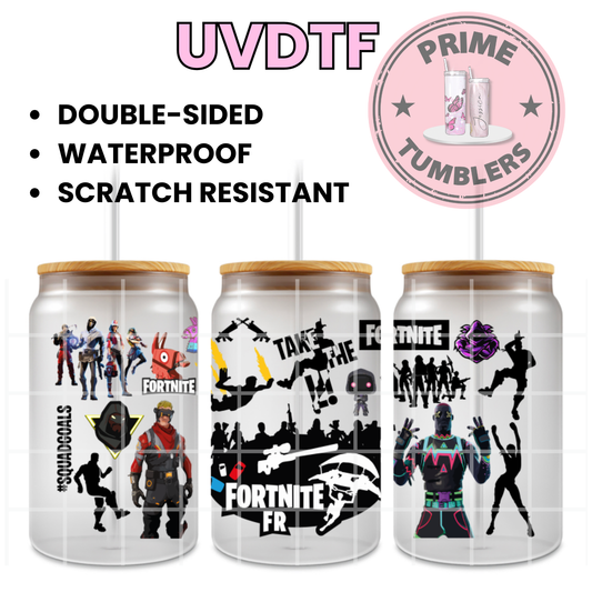 FORTNITE video game Ready-to-press UVDTF Transfers, Cup wrap decals, Tumbler prints, 16oz Libbey Glass UV STICKERS Battle Royale Epic Games FR Squadgoals