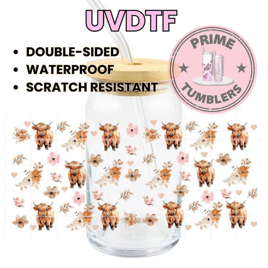 Highland Cow and FLOWERS 16oz UVDTF cup wrap, ready to apply STICKERS decal pink cows