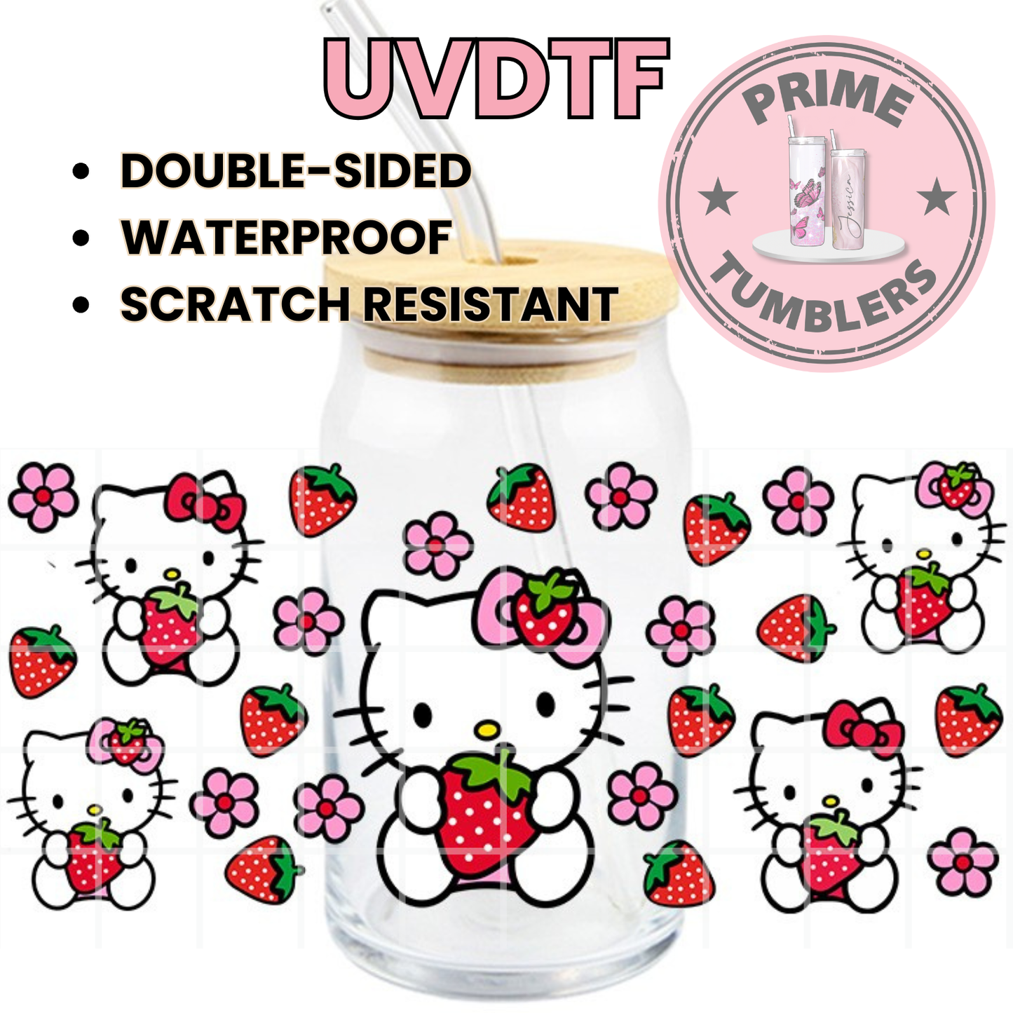 Strawberry Hello Kitty pink flowers 16oz UVDTF cup wrap, ready to apply STICKERS Sanrio HK strawberries