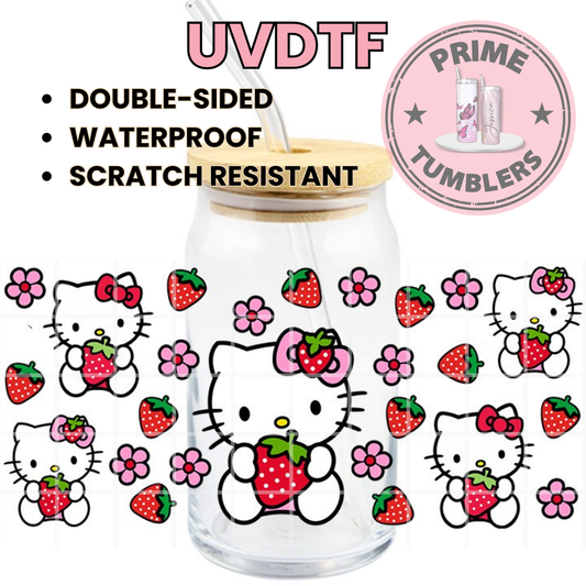Strawberry Hello Kitty pink flowers 16oz UVDTF cup wrap, ready to apply STICKERS Sanrio HK strawberries