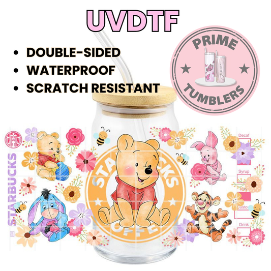 Disney’s Winnie the Pooh Bear, Piglet, Tigger, and Eeyore, surrounded by flowers and bees 16oz Libbey Glass Cup Wrap UVDTF, Ready to apply decal STICKERS Walt Disney STARBUCKS