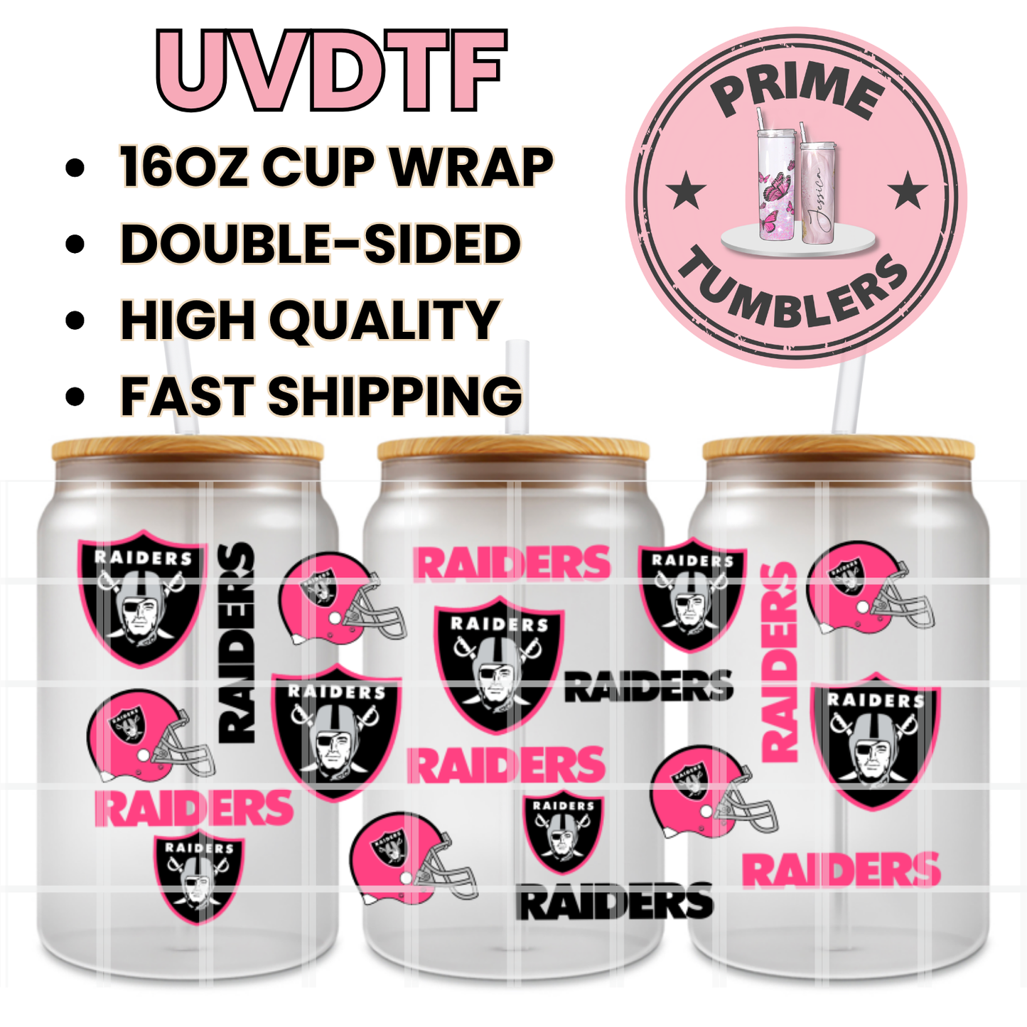 RAIDERS pink and Black 16oz UVDTF cup wrap, ready to apply STICKERS