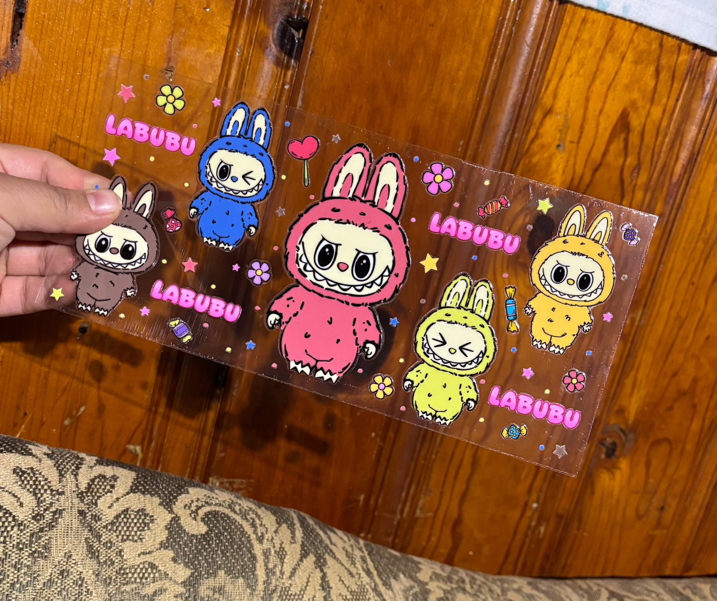 LABUBU and Friends candy 16oz Libbey Glass Cup Wrap UVDTF, Ready to apply decal STICKERS Labubus aesthetic plush dolls The Monsters Pop Mart