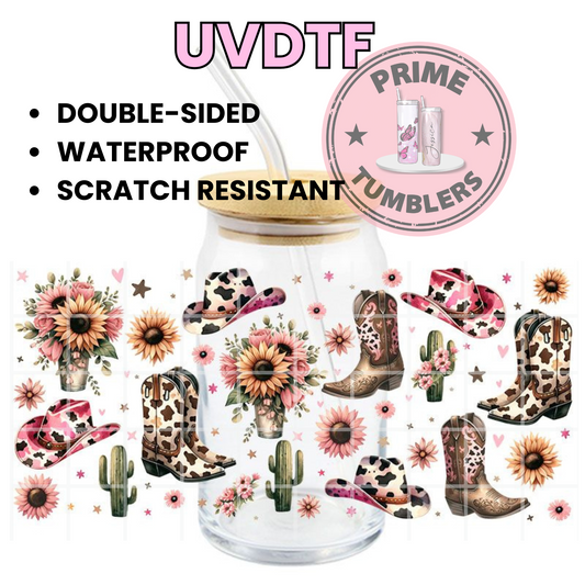 COWGIRL boots HAT 16oz UVDTF cup wrap, ready to apply STICKERS decal Sunflowes cactus