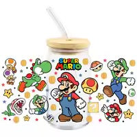 Super Mario, Luigi, Yoshi, Toad, and a Piranha Plant gaming 16oz UVDTF cup wrap, ready to apply STICKER decal
