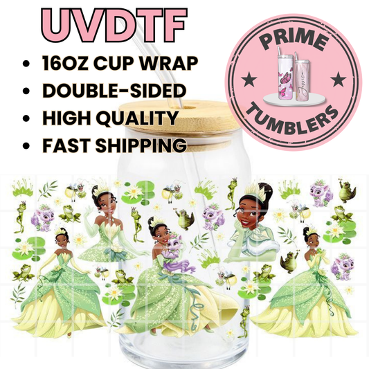Princess Tiana black 16oz UVDTF cup wrap, ready to apply STICKERS z