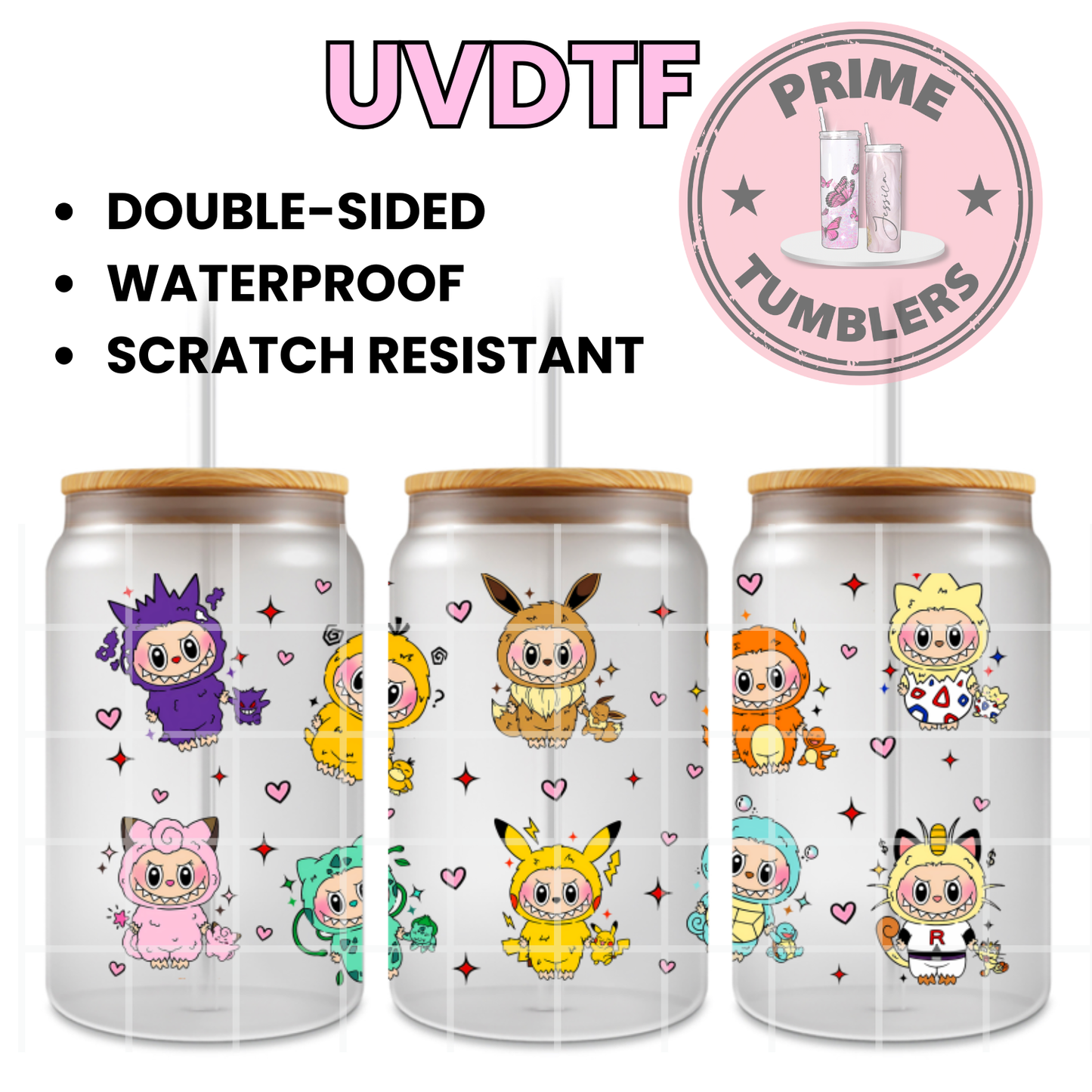 LABUBUS Pokemon 16oz Libbey Glass Cup Wrap UVDTF, Ready to apply decal STICKERS aesthetic plush dolls The Monsters Pop Mart Labubu x Pokémon Pikachu, Eevee, Gengar, and Togepi
