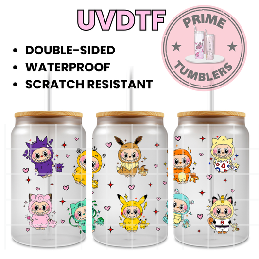 LABUBUS Pokemon 16oz Libbey Glass Cup Wrap UVDTF, Ready to apply decal STICKERS aesthetic plush dolls The Monsters Pop Mart Labubu x Pokémon Pikachu, Eevee, Gengar, and Togepi