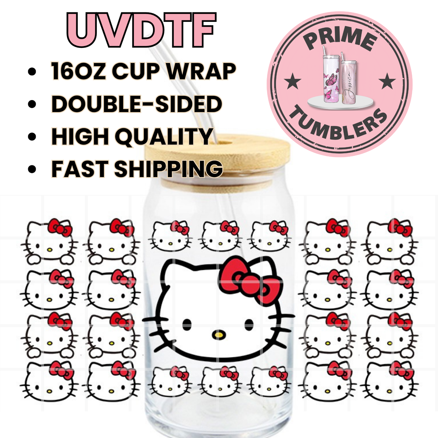 Hello Kitty heads center 16oz UVDTF cup wrap, ready to apply STICKERS