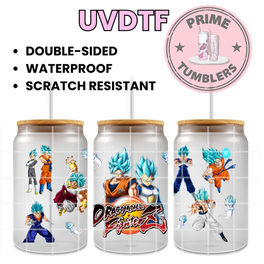 Dragon Ball Fighter Z Ready-to-press UVDTF Transfers, Cup wrap decals, Tumbler prints, 16oz Libbey Glass UV STICKERS DBZ Japanese Anime and Manga Goku and Vegeta in their Super Saiyan Blue