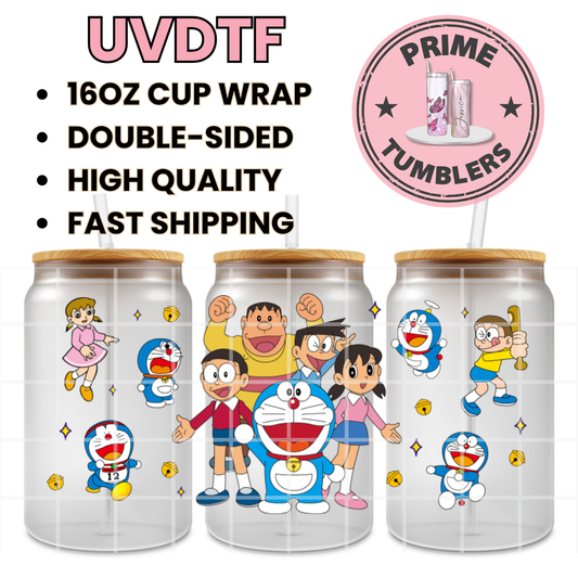 Doraemon anime Characters 16oz UVDTF cup wrap, ready to apply STICKERS Disney
