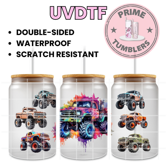Monster TRUCKS 16oz UVDTF cup wrap, ready to apply STICKERS