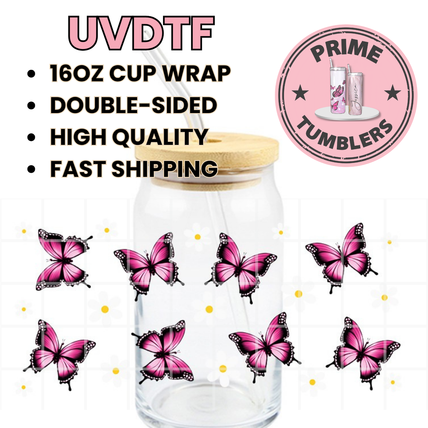 Pink BUTTERFLY with flowers 16oz UVDTF cup wrap, ready to apply STICKERS on