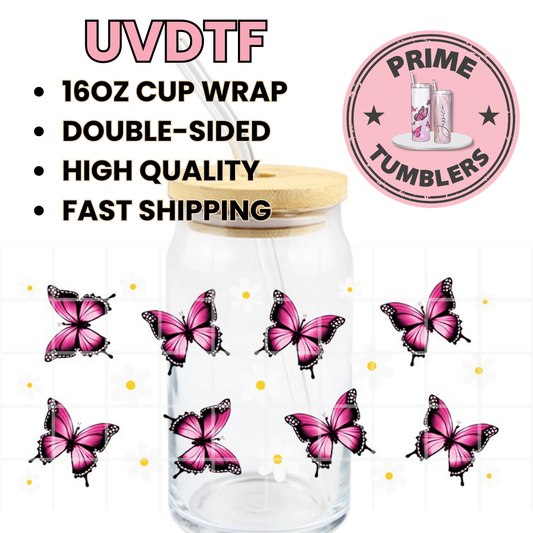 Pink BUTTERFLY with flowers 16oz UVDTF cup wrap, ready to apply STICKERS on