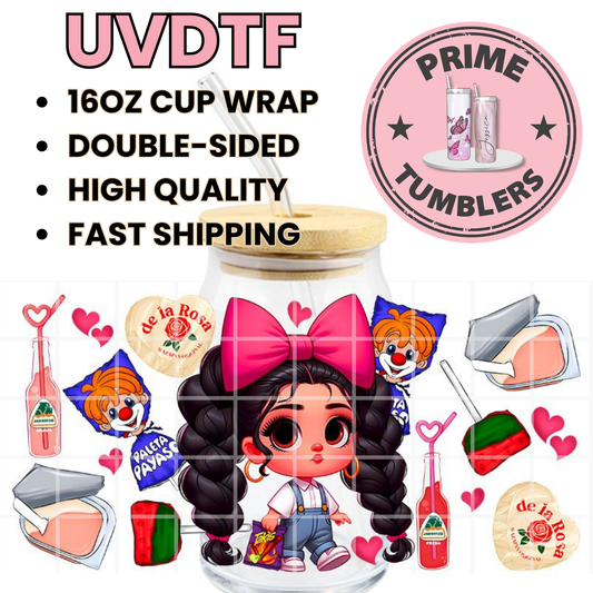Girl Bow SNACK Mexico black 16oz UVDTF cup wrap, ready to apply STICKERS