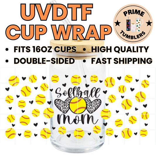 SOFTBALL MOM 16oz UVDTF cup wrap, ready to apply STICKERS BASEBALL SPORT