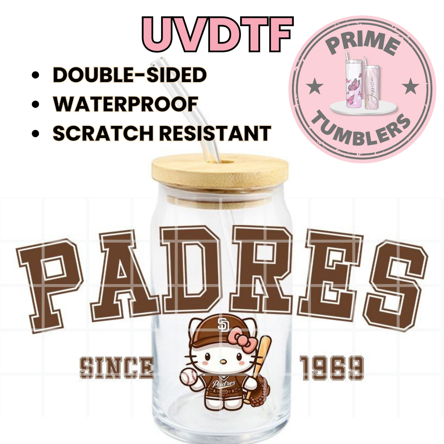 Hello Kitty PADRES 16oz UVDTF cup wrap, ready to apply STICKERS Since 1969 BASEBALL