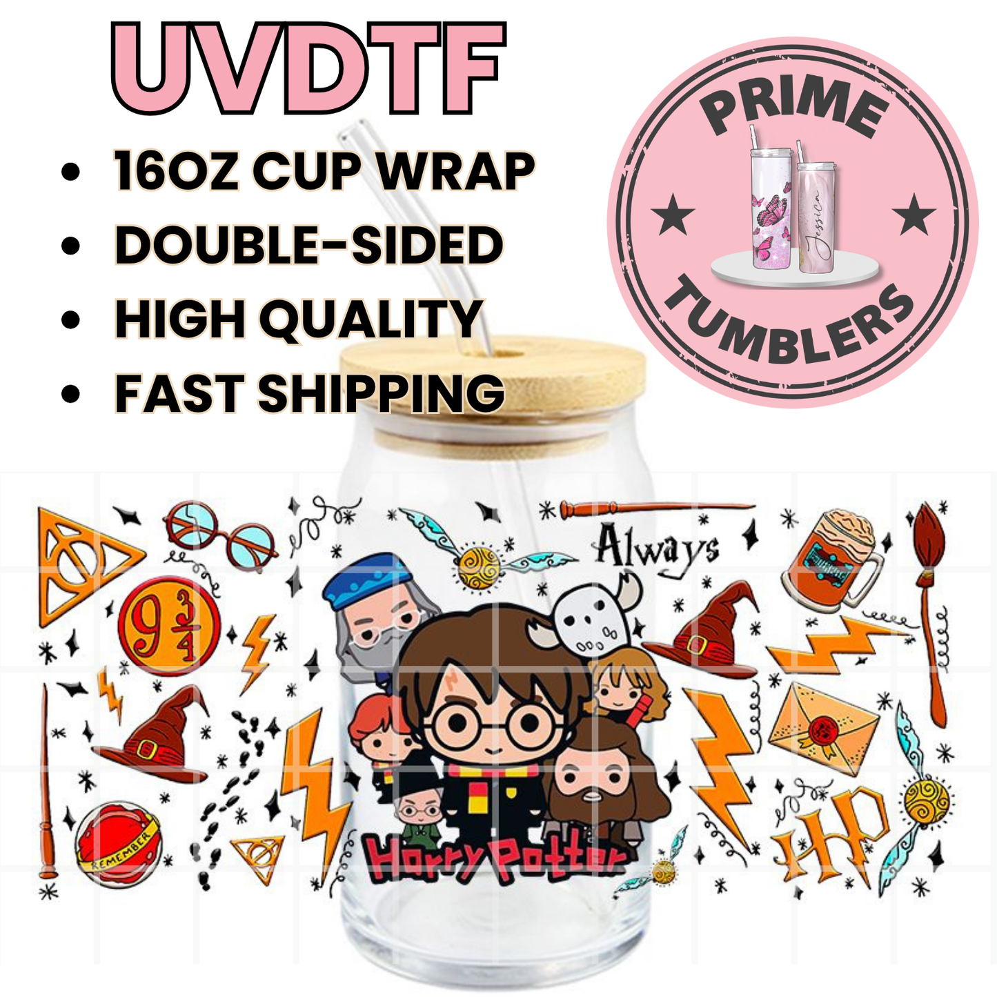 Harry Potter 16oz Libbey Glass Cup Wrap UVDTF, Ready to apply decal STICKERS chibi cartoon Hogwarts crest, Deathly Hallows symbol, and Golden Snitch WIZARD HP