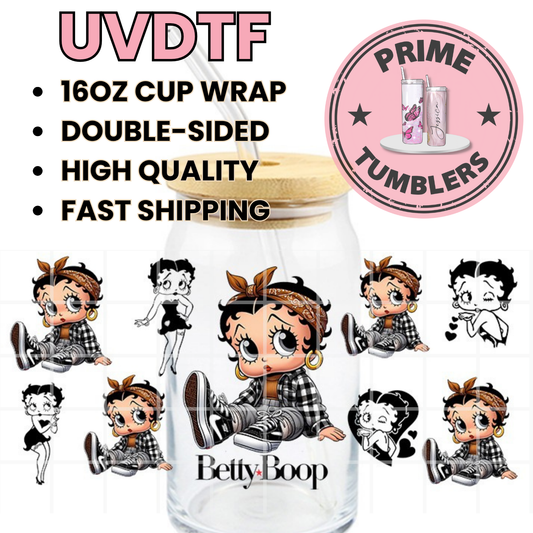 BETTY BOOP brown Chicana 16oz Libbey Glass Cup Wrap UVDTF, Ready to apply decal STICKERS
