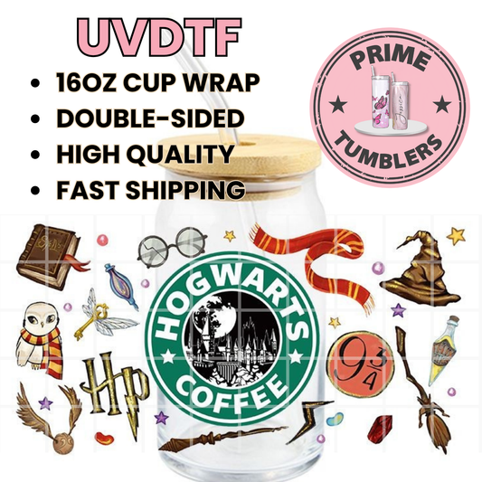 Harry Potter Starbucks Hogwarts castle 16oz Libbey Glass Cup Wrap UVDTF, Ready to apply decal STICKERS HP Golden Snitch, Sorting Hat, wand, Hedwig the owl, and the Platform 9¾ sign