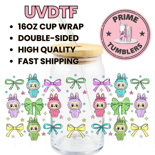 LABUBU Bows 16oz Libbey Glass Cup Wrap UVDTF, Ready to apply decal STICKERS Labubus aesthetic plush dolls The Monsters Pop Mart Kawaii