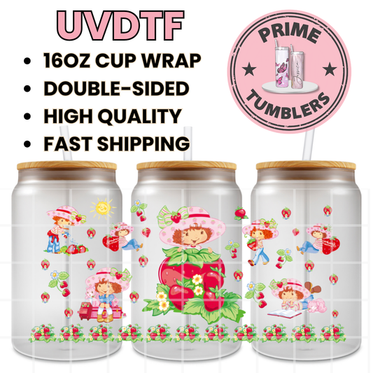 Strawberry Shortcake pink 16oz Libbey Glass Cup Wrap UVDTF, Ready to apply decal STICKERS strawberries