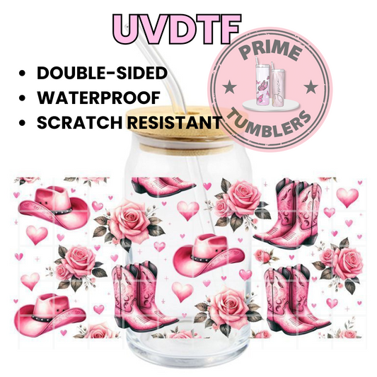 COWGIRL boots HAT ROSES 16oz UVDTF cup wrap, ready to apply STICKERS decal PINK