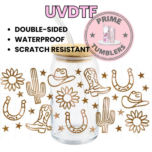 COWGIRL boots HAT horseshoes 16oz UVDTF cup wrap, ready to apply STICKERS decal BROWN flower