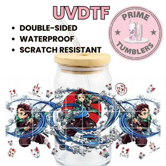Demon Slayer: Kimetsu no Yaiba. Ready-to-press UVDTF Transfers, Cup wrap decals, Tumbler prints, 16oz Libbey Glass UV STICKERS Water Breathing technique Tanjiro Kamado Japan Anime Manga
