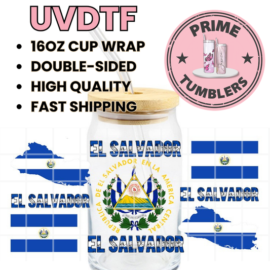 El Salvador SALVADOREAN Flag 16oz UVDTF cup wrap, ready to apply STICKERS