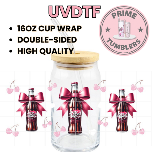 DR PEPPER bows 16oz UVDTF cup wrap, ready to apply STICKERs cherry