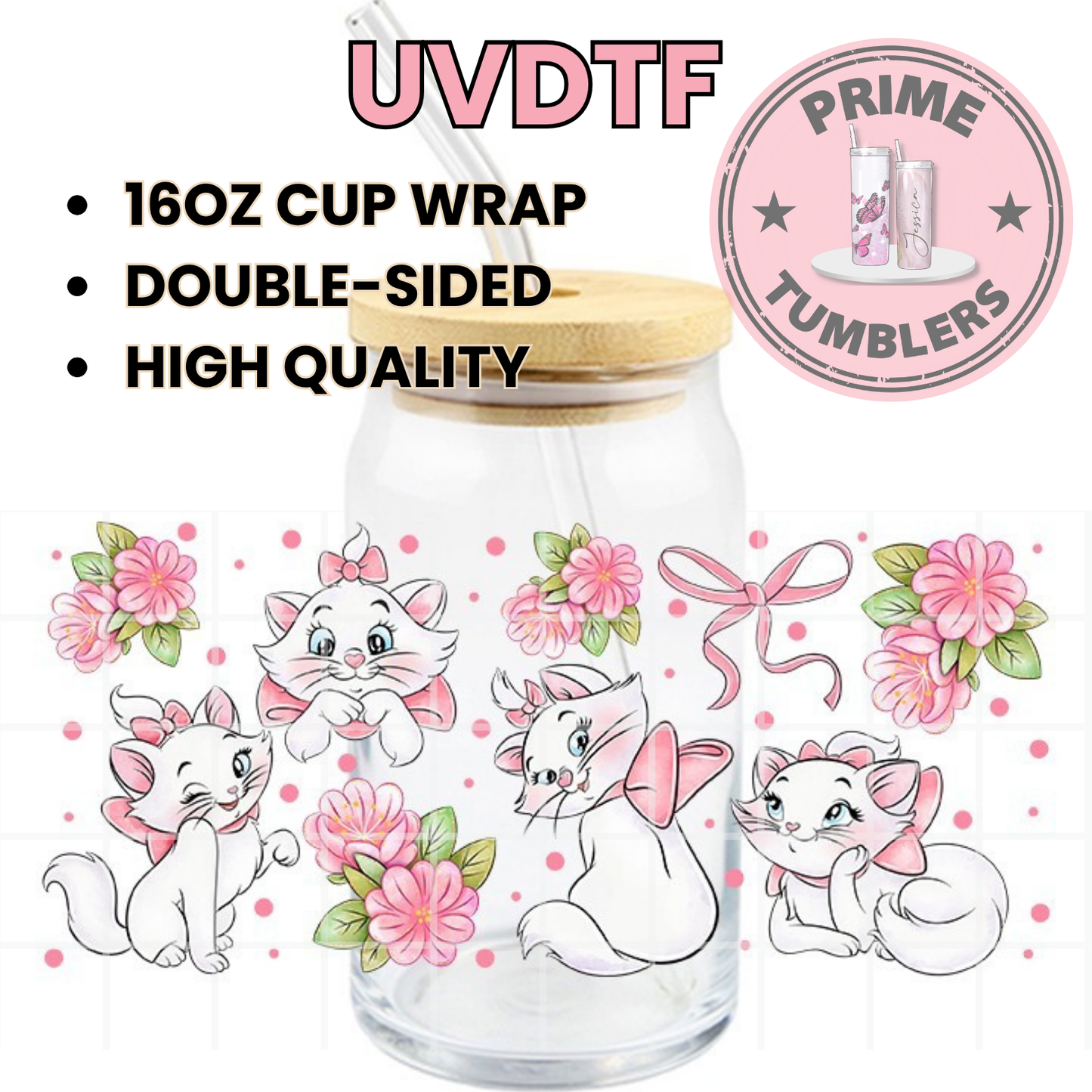 CAT Maurie floral pink 16oz UVDTF cup wrap, ready to apply STICKERS