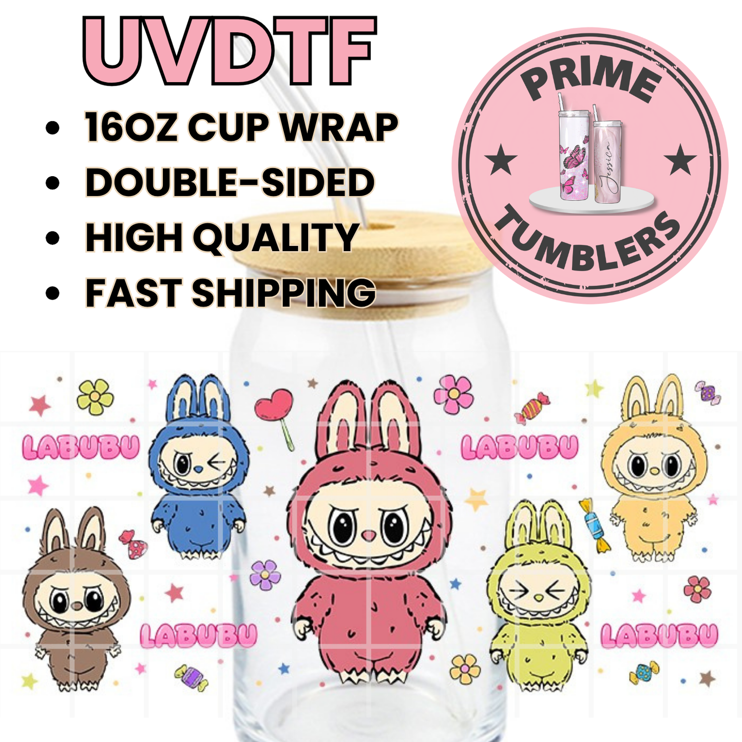 LABUBU and Friends candy 16oz Libbey Glass Cup Wrap UVDTF, Ready to apply decal STICKERS Labubus aesthetic plush dolls The Monsters Pop Mart