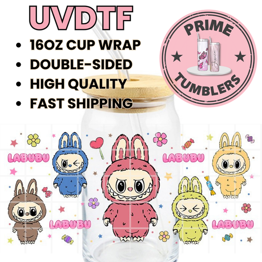 LABUBU and Friends candy 16oz Libbey Glass Cup Wrap UVDTF, Ready to apply decal STICKERS Labubus aesthetic plush dolls The Monsters Pop Mart
