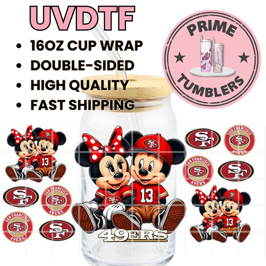 Mickey and Minnie MOUSE Forty Niners Football 49ers SF San Francisco 16oz UVDTF cup wrap, ready to apply STICKERS