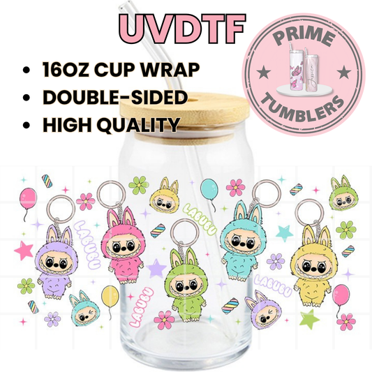 LABUBU Keychains 16oz Libbey Glass Cup Wrap UVDTF, Ready to apply decal STICKERS Labubus aesthetic plush dolls The Monsters Pop Mart La’Bubu