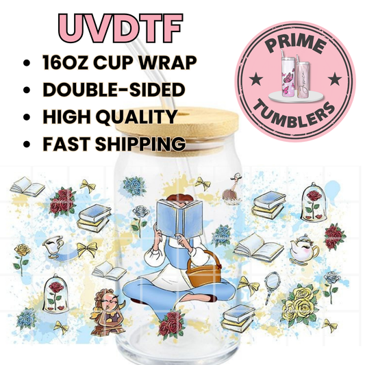 Disney movie Beauty Belle and the Beast 16oz Libbey Glass Cup Wrap UVDTF, Ready to apply decal STICKERS Books love reading Mrs. Potts (teapot), Chip (teacup), and Lumière (candelabra)