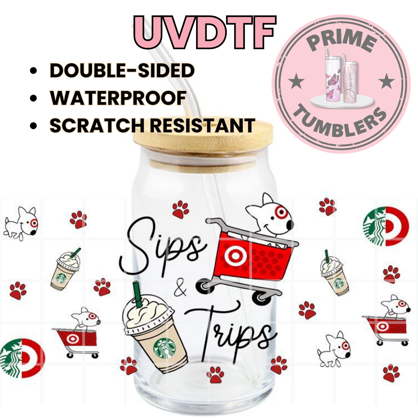 TARGET shopping dog STARBUCKS 16oz UVDTF cup wrap, ready to apply STICKERS flower decal