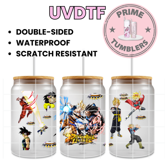 Dragon Ball Z Ready-to-press UVDTF Transfers, Cup wrap decals, Tumbler prints, 16oz Libbey Glass UV STICKERS DBZ Japanese Anime and Manga Bardock, Super Saiyan Goku, Super Saiyan Vegeta, and Super Saiyan Trunks