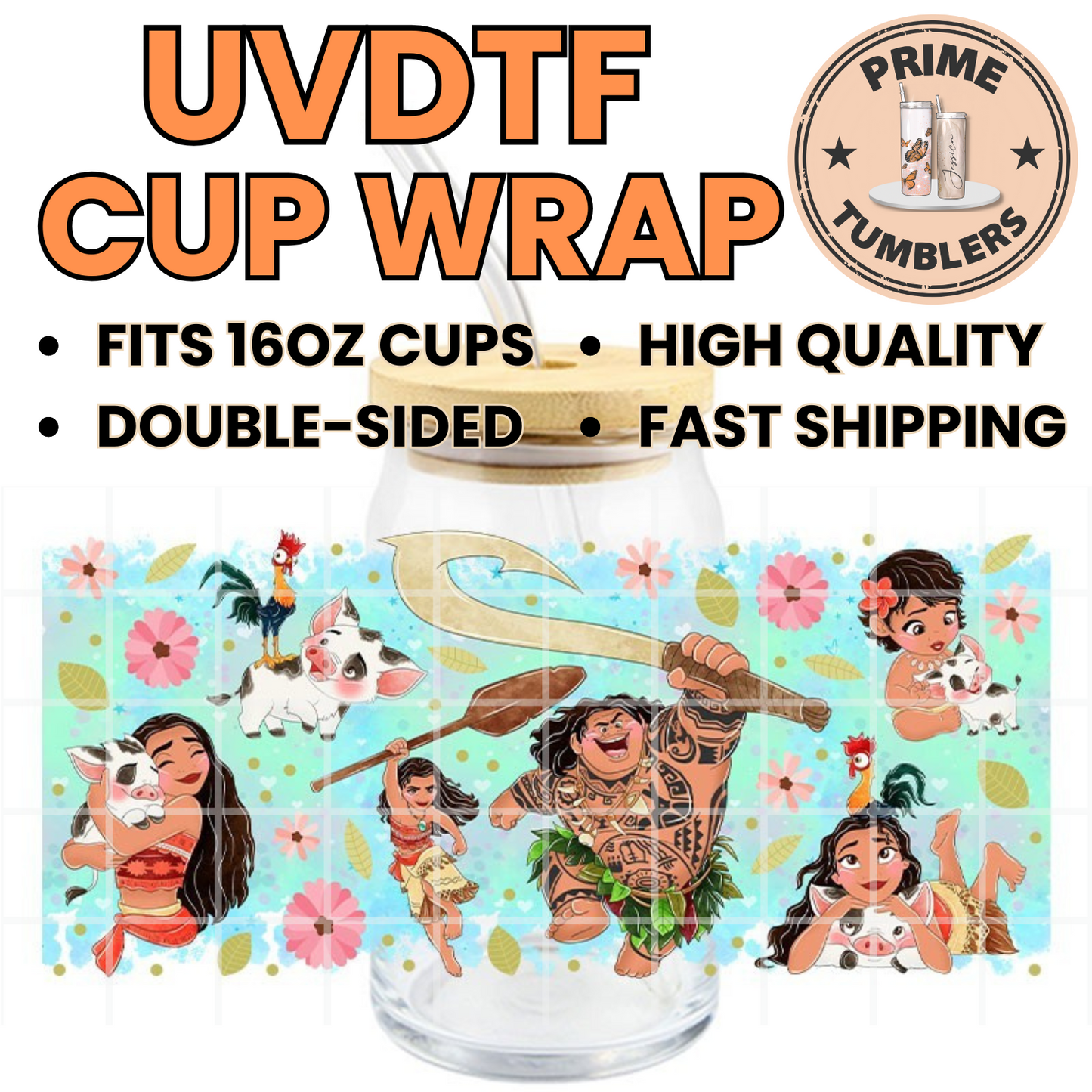 Simea, Maui, Moana, Pua and Heihei teal background movie girls 16oz UVDTF cup wrap, ready to apply STICKERS Disney