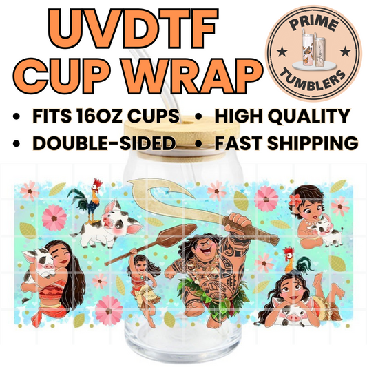 Simea, Maui, Moana, Pua and Heihei teal background movie girls 16oz UVDTF cup wrap, ready to apply STICKERS Disney