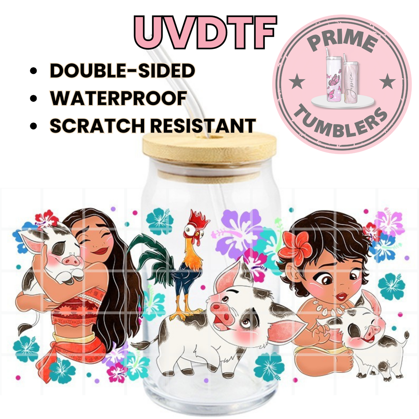 Simea, Moana pot-bellied PIG Pua and rooster Heihei movie girls 16oz UVDTF cup wrap, ready to apply STICKERS Disney