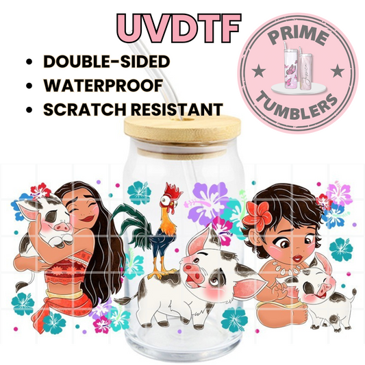 Simea, Moana pot-bellied PIG Pua and rooster Heihei movie girls 16oz UVDTF cup wrap, ready to apply STICKERS Disney