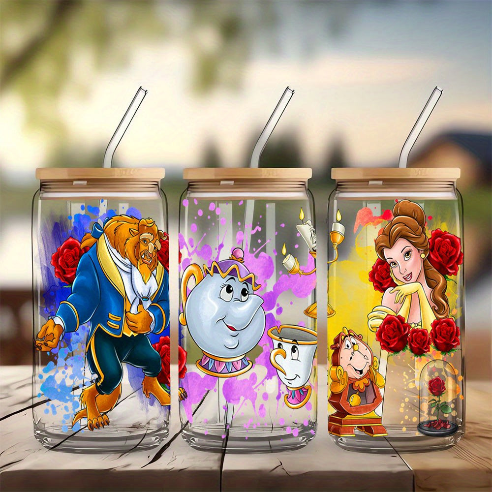 Disney Princess movie Beauty Belle and the Beast 16oz Libbey Glass Cup Wrap UVDTF, Ready to apply decal STICKERS red roses glass dome Mrs. Potts, Chip Cogsworth and Lumière