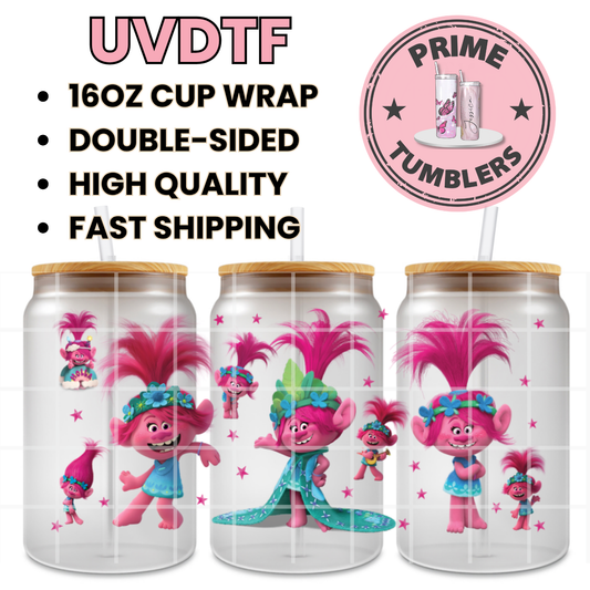 DreamWorks animated Trolls princess Poppy 16oz Libbey Glass Cup Wrap UVDTF, Ready to apply decal STICKERS world tour