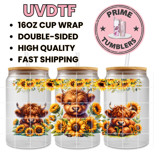 Highland COWS sunflowers 16oz UVDTF cup wrap, ready to apply STICKERS