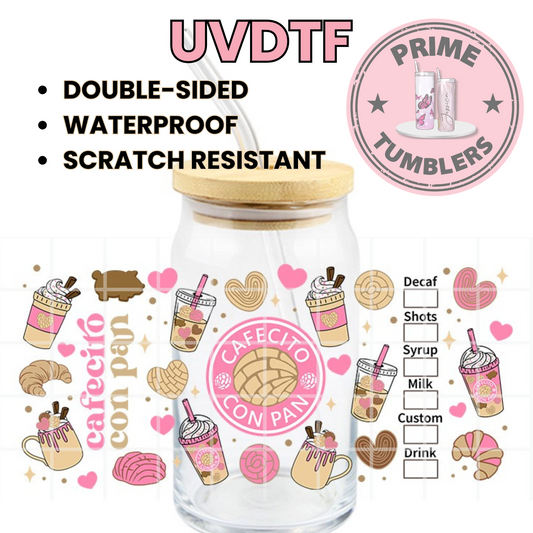 Cafecito con Pan 16oz UVDTF cup wrap, ready to apply STICKERS café